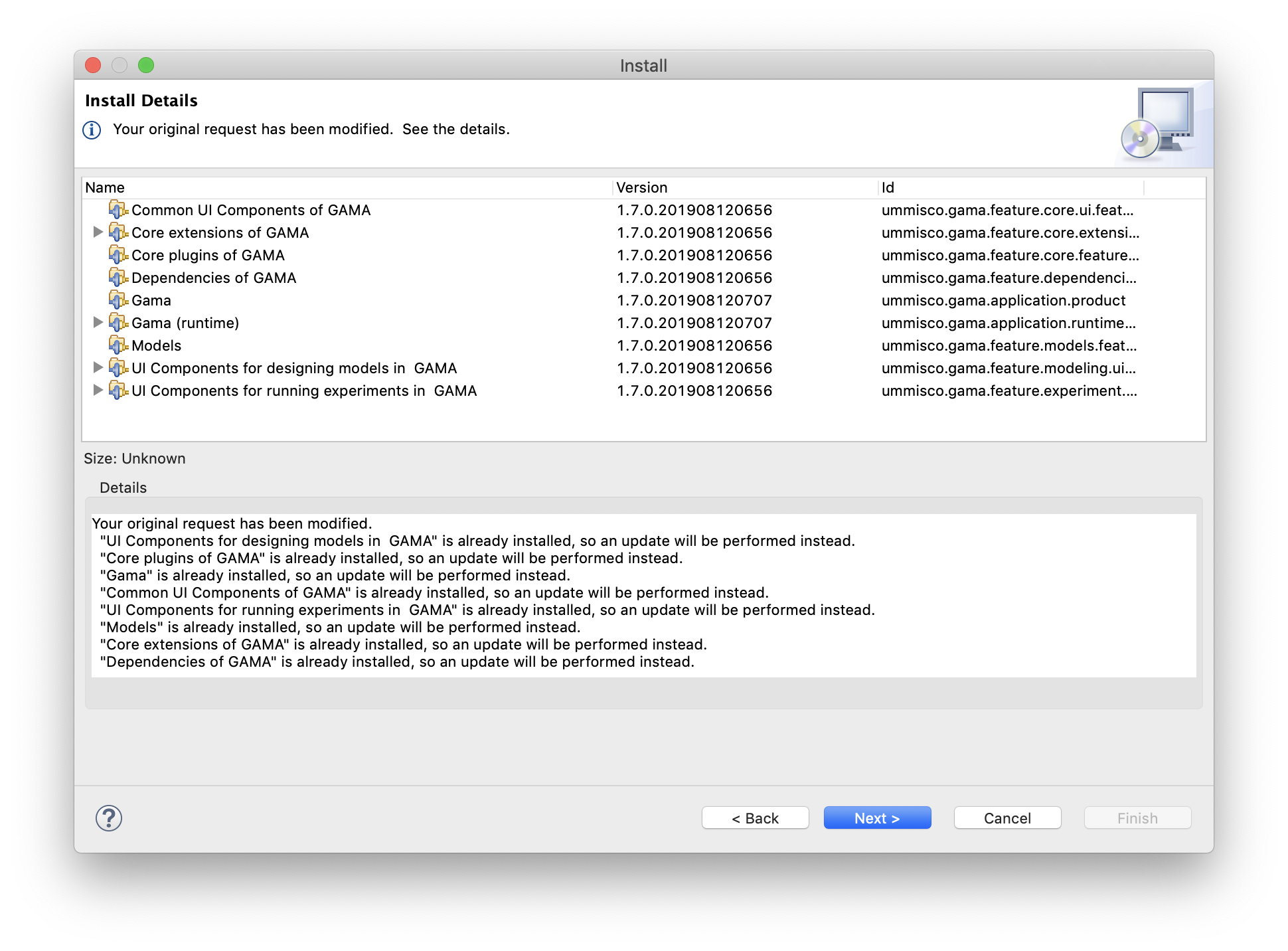 Summary of the plugins that will be updated and installed.